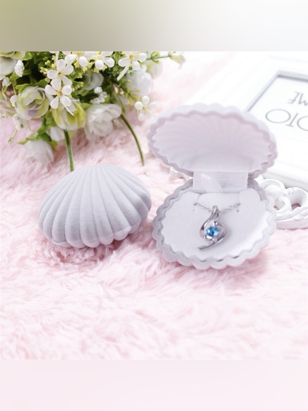 Gray Velvet Seashell Necklace Gift Box for Jewelry, Gifts, Weddings